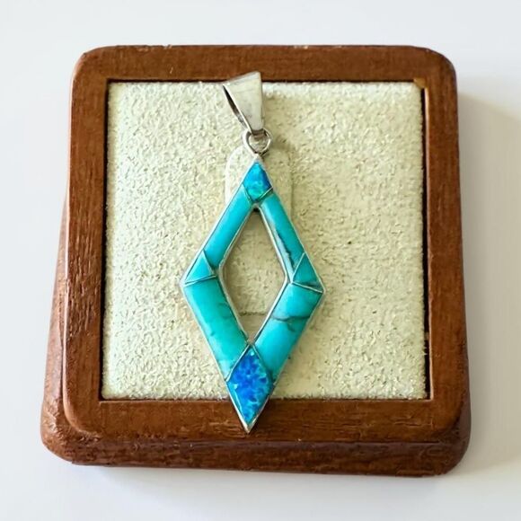 Vintage Style Sterling Silver Pendant – Turquoise & Aurora Opal Stone New - Picture 1 of 5